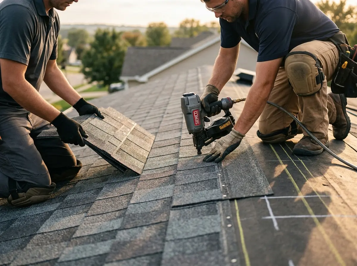 Professional roofer working on a residential roof in San Leon